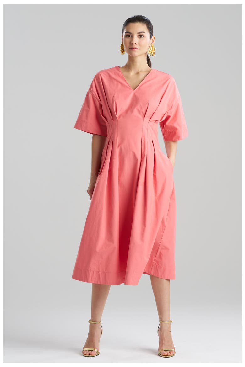 TECH COTTON TAFFETA V-Neck Pleat Release Dress, Main, color, FLAMINGO