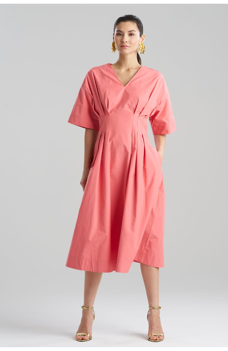 Natori TECH COTTON TAFFETA V-Neck Pleat Release Dress, Main, color, Flamingo