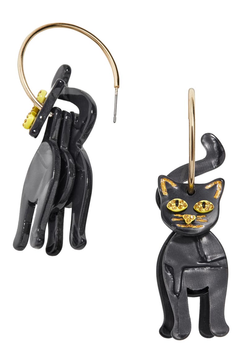 Black Cat Hoop Earrings, Main, color, BLACK