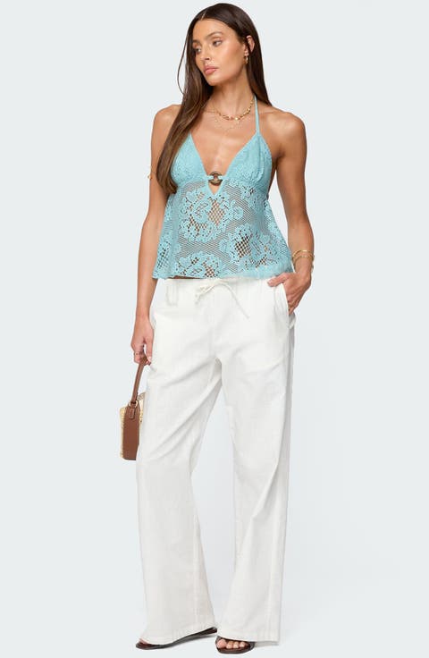 Open Knit Babydoll Halter Top