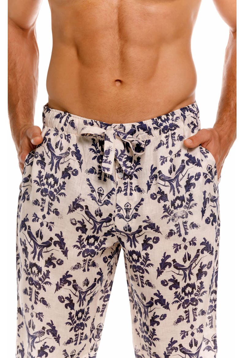 Drew Tapestry Blue Linen Pajama Pants, Alternate, color, WHITE