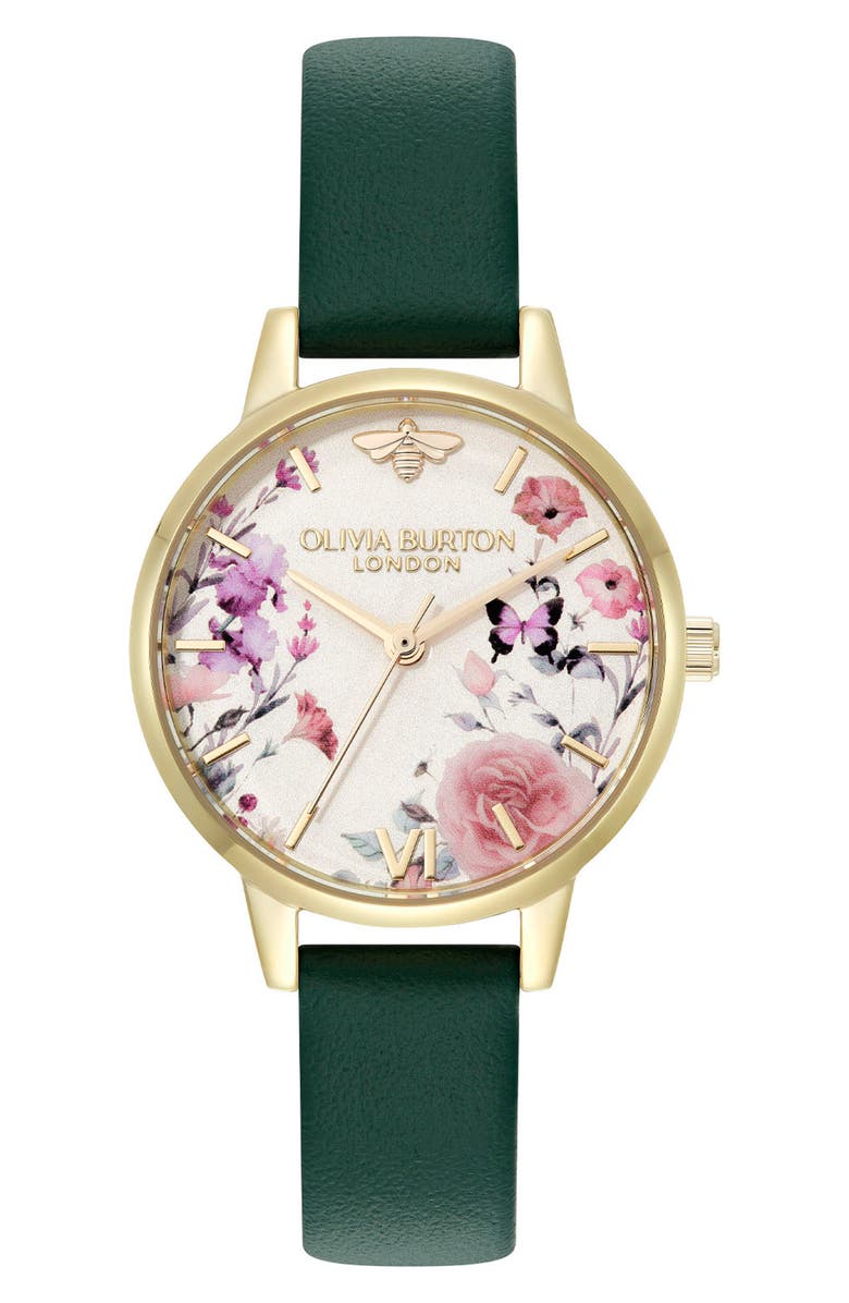 Olivia Burton Illustrated Floral Leather Strap Watch, 30mm, Main, color, Ivory/Green