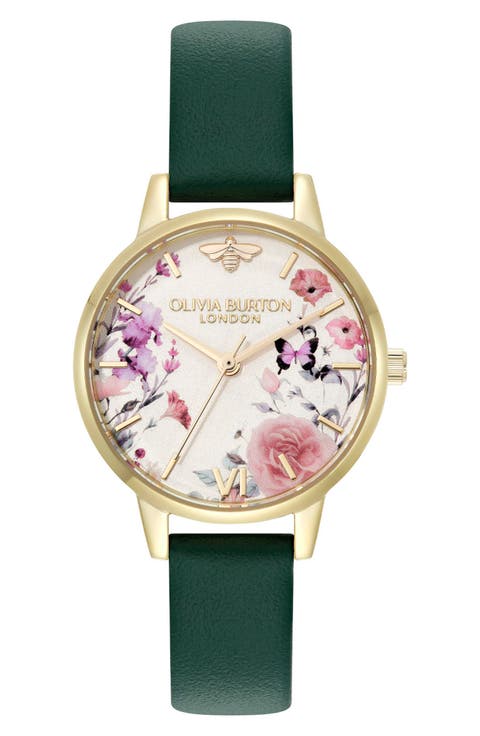 Illustrated Floral Leather Strap Watch, 30mm