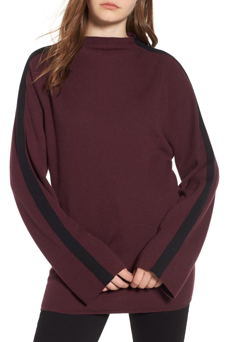 Racer Stripe Funnel Neck Sweater, Main, color, BURGUNDY STEM- BLACK
