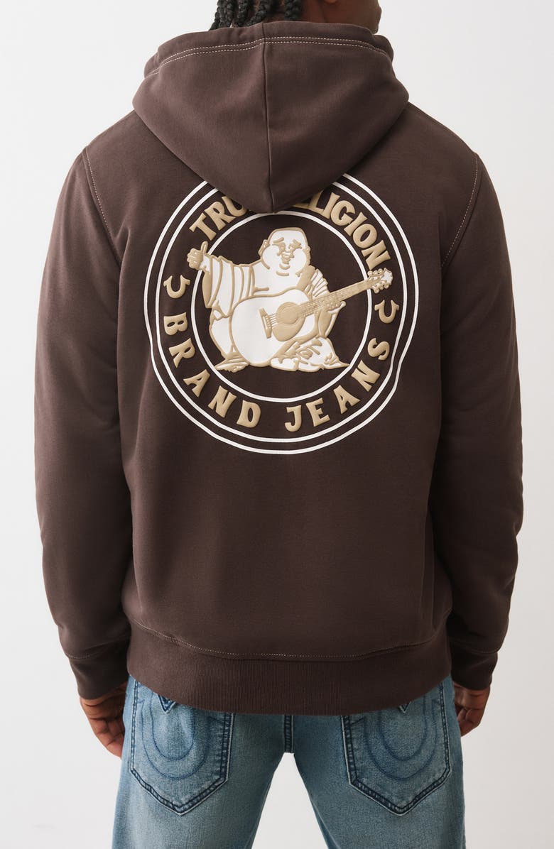 True Religion Logo Seal Faux Shearling Zip Hoodie, Alternate, color, Java