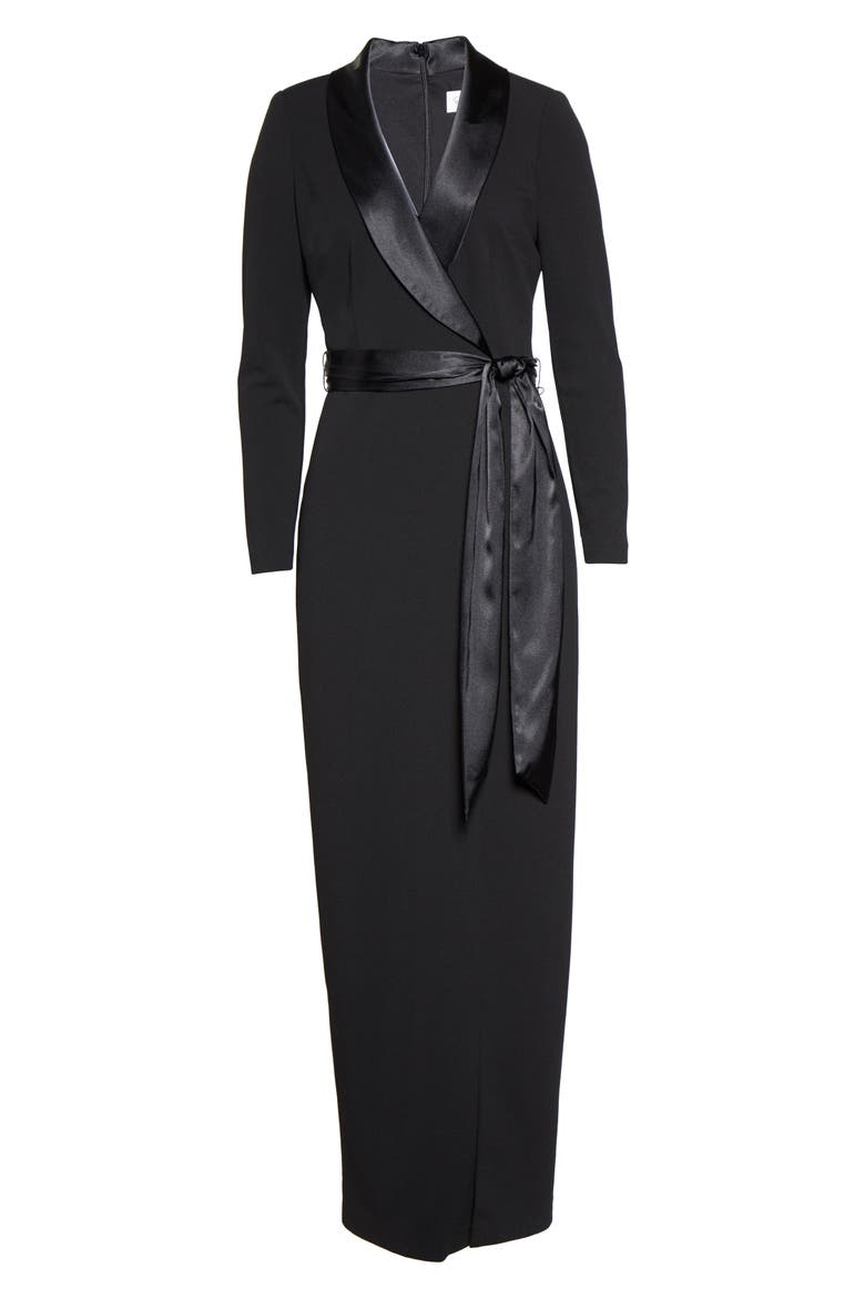 Tuxedo Faux Wrap Long Sleeve Gown, Alternate, color, BLACK