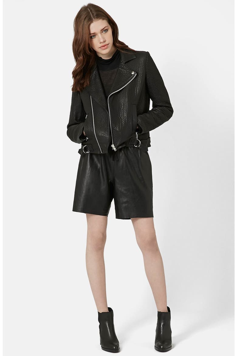 Topshop Lambskin Leather Shorts, Alternate, color, BLACK