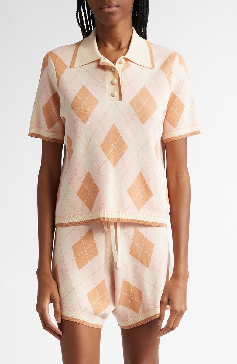 Zimmermann Acacia Argyle Piqué Knit Polo, Main, color, Pink Argyle