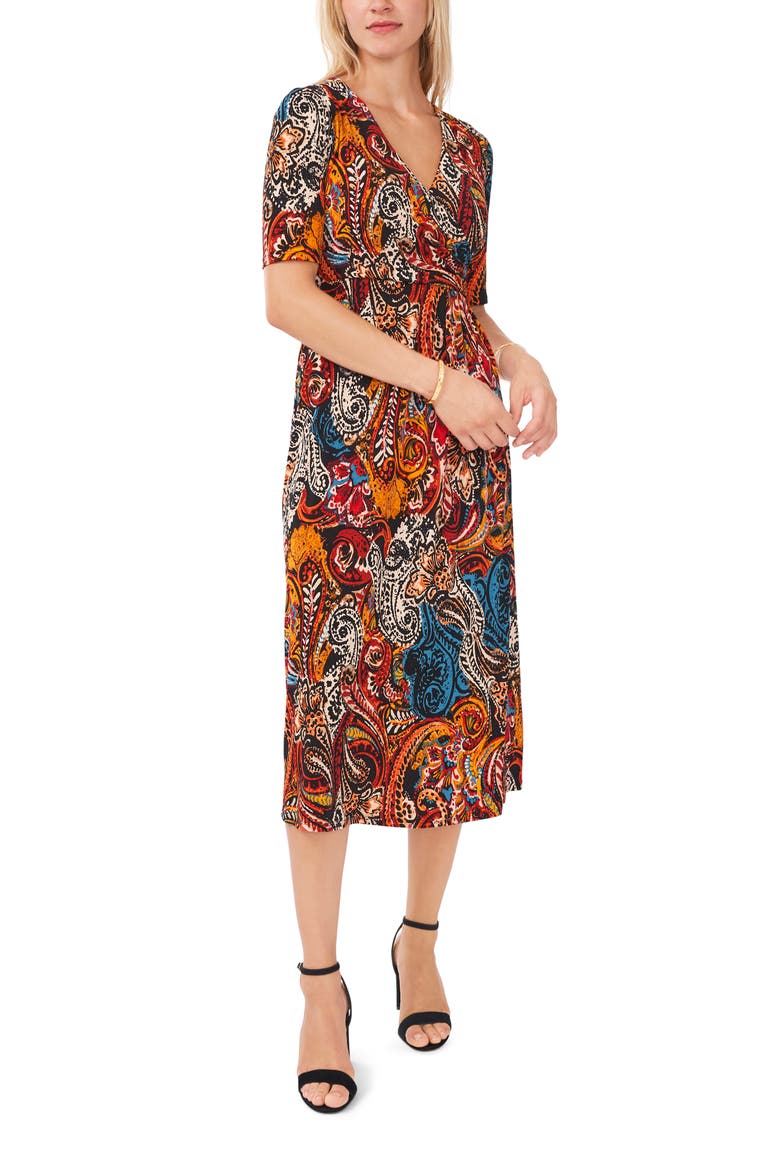 V-Neck Faux Wrap Midi Dress, Main, color, BLACK/TEAL/RUST