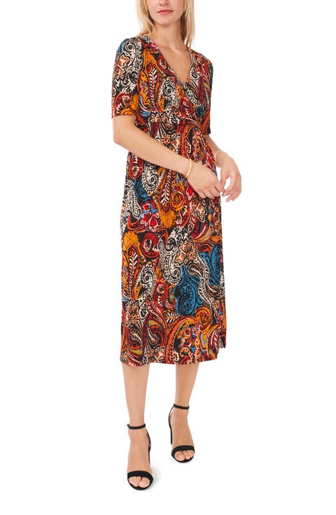V-Neck Faux Wrap Midi Dress