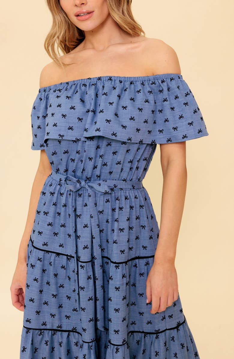 FLYING TOMATO Off the Shoulder Tiered Chambray Maxi Dress, Alternate, color, Chambray