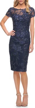 La Femme Lovely Floral Beaded Illusion Neck Sheath Dress