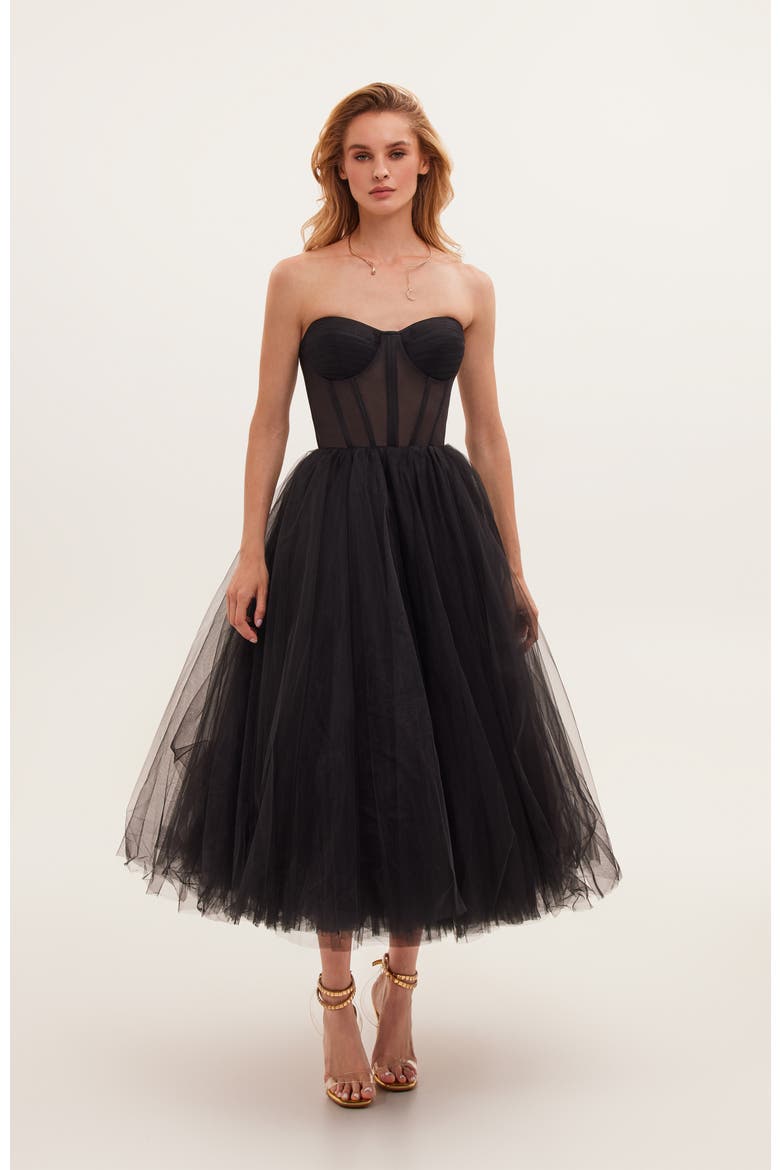 Strapless Puffy Tulle Midi Formal Occasion Dress in Black, Main, color, Black