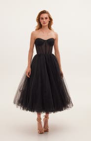 Milla Strapless Puffy Tulle Midi Formal Occasion Dress in Black