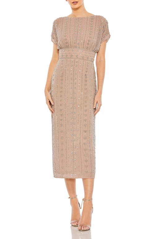 Mac Duggal Beaded Empire Waist Column Midi Cocktail Dress In Dark Mocha