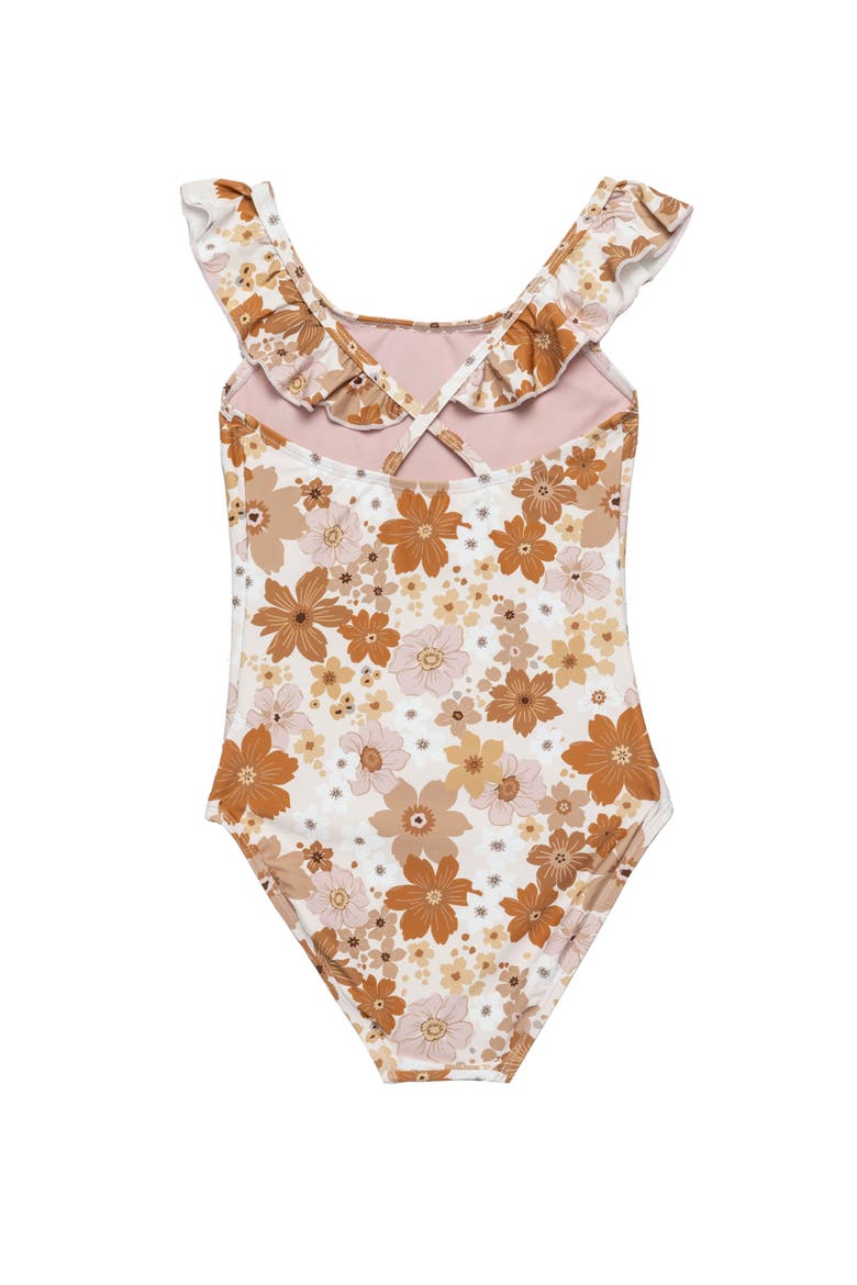 Nostalgic Bloom Square Neck Ruffle One Piece Swimsuit, Alternate, color, Brown-Haze