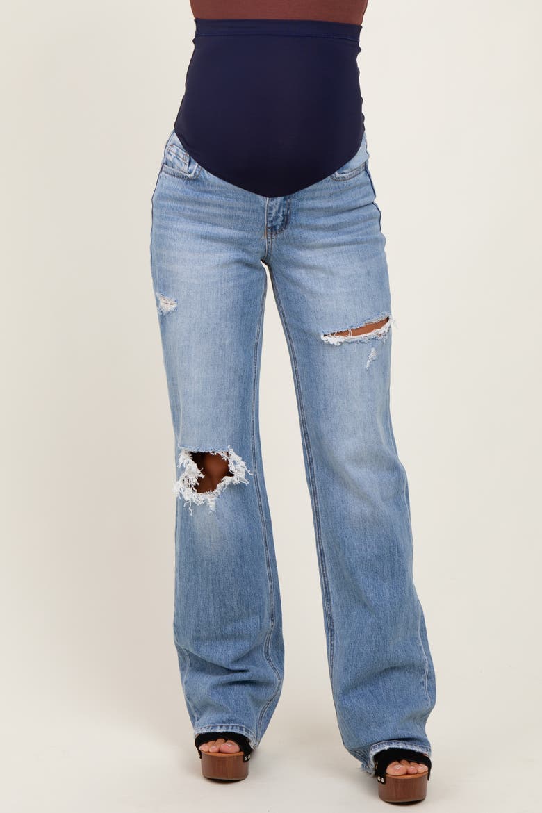 Distressed Open Knee Straight Leg Maternity Jeans, Alternate, color, Light Blue