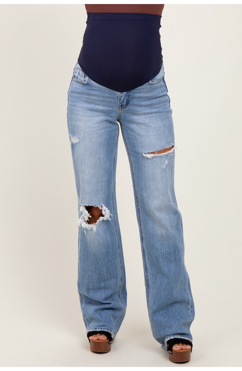 PinkBlush Distressed Open Knee Straight Leg Maternity Jeans, Alternate, color, Light Blue