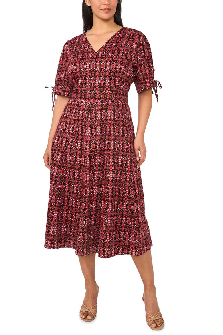 Paisley Balloon Sleeve Stretch Cotton Midi Dress, Main, color, RICH BLACK/ BURGUNDY