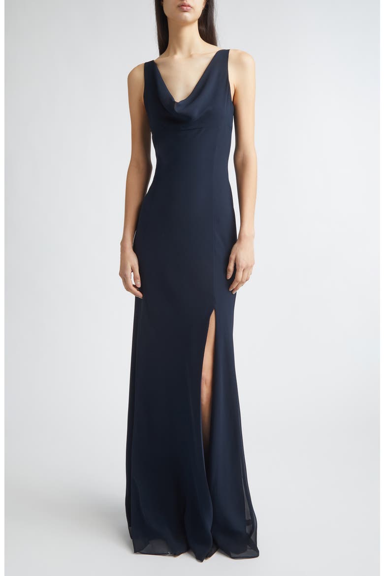 Plunging Cowl Georgette Gown, Main, color, ULTRA NAVY