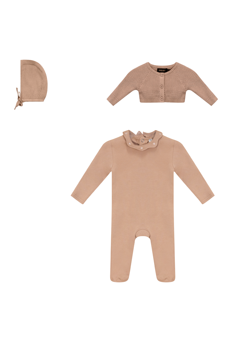3 Piece Romper, Cardigan and Hat Set, Main, color, Maple Sugar