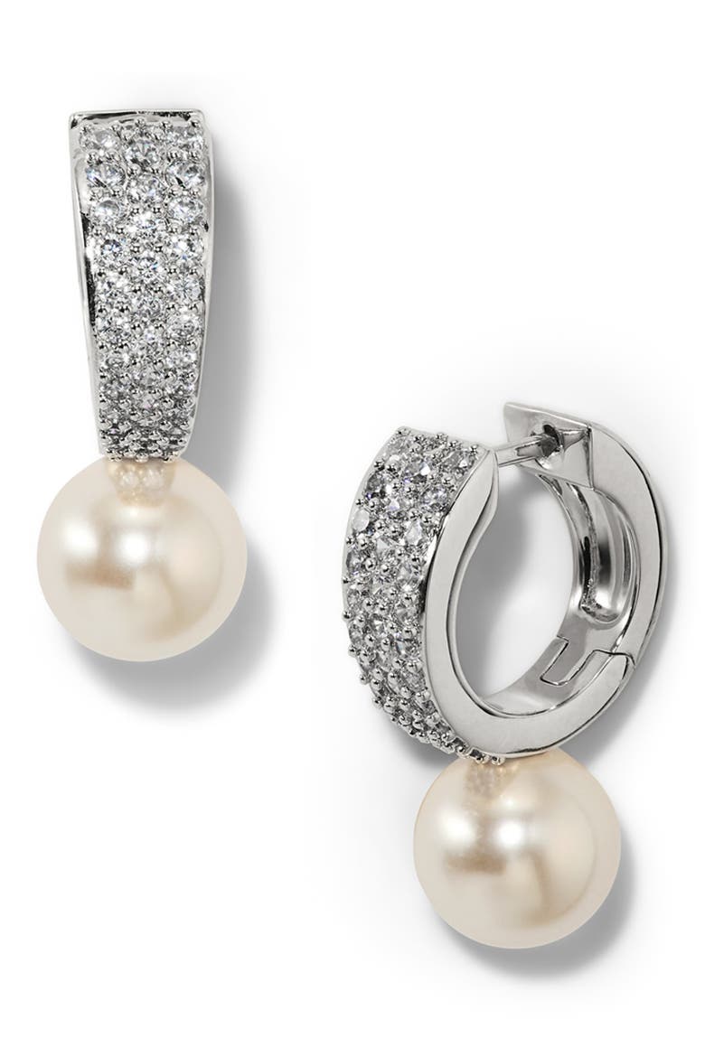 Under the Sea Cubic Zirconia & Faux Pearl Huggie Hoop Earrings, Main, color, RHODIUM