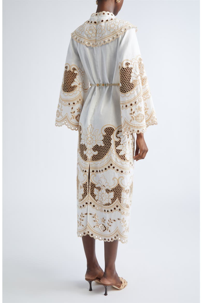 Scalloped Eyelet Trim Belted Linen Midi Dress, Alternate, color, IVORY