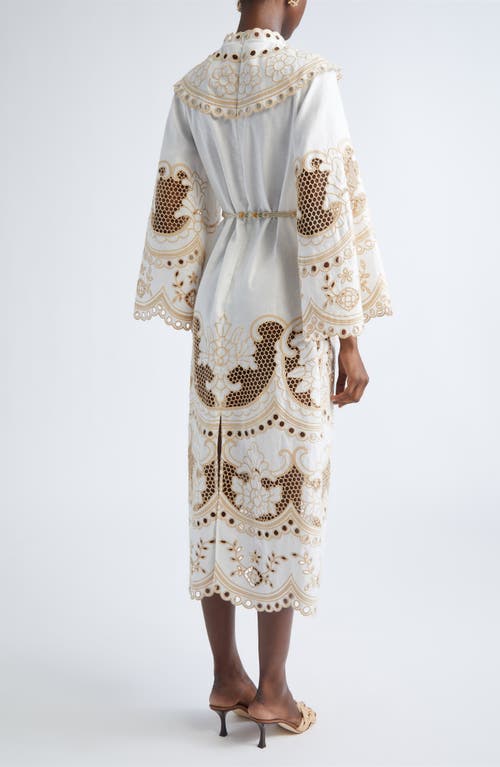 Zimmermann Scalloped Eyelet Trim Belted Linen Midi Dress In White