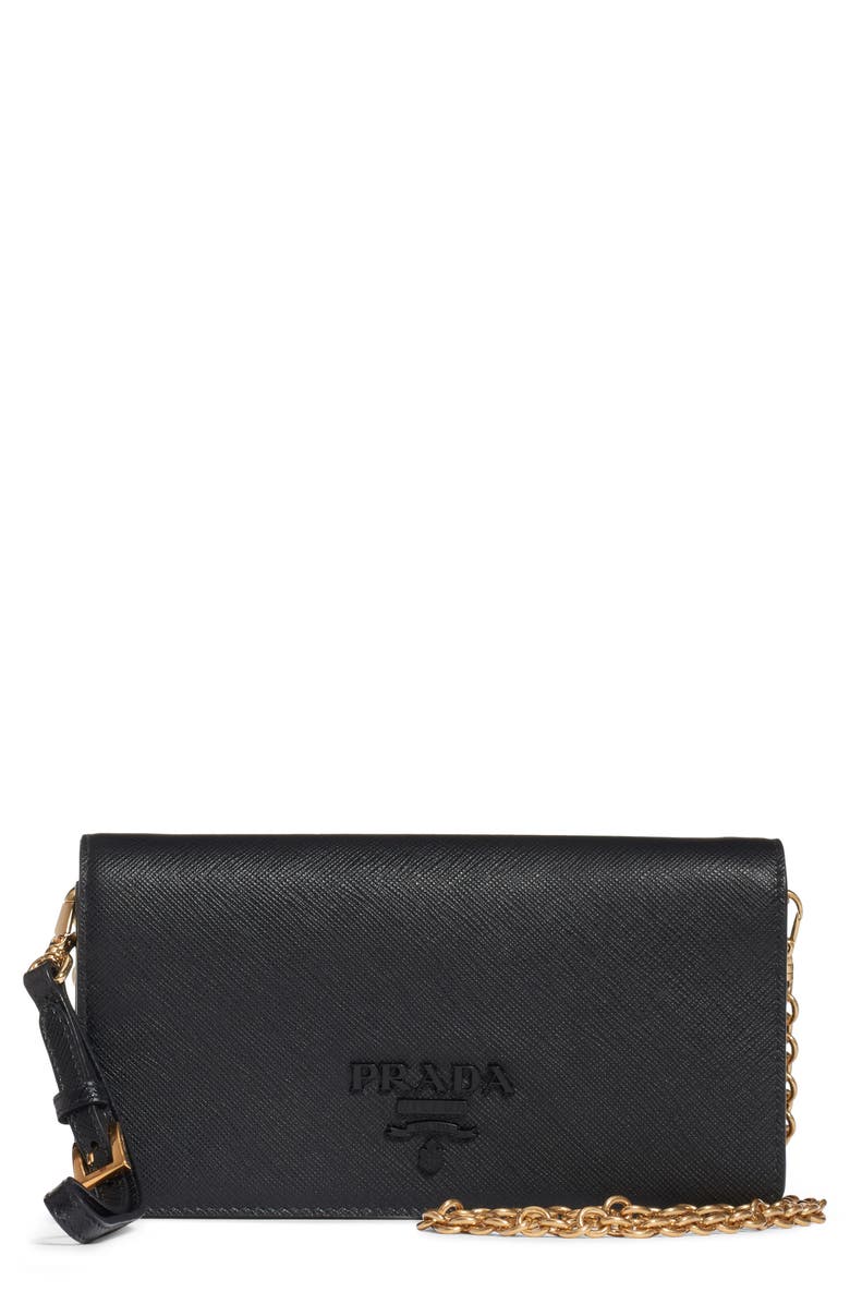 Prada Mini Monochrome Leather Wallet on a Chain, Main, color, 