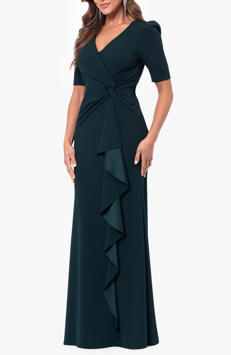 Xscape Evenings Twist Front Scuba Crepe Ruffle Gown, Alternate, color, 