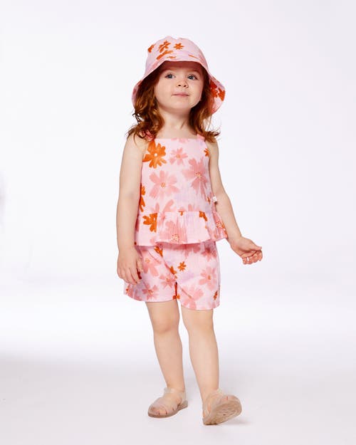 Deux Par Deux Girl's Printed Tank Top And Short Muslin Set With Frills Pink And Coral Flowers In Pink And Coral Flowers