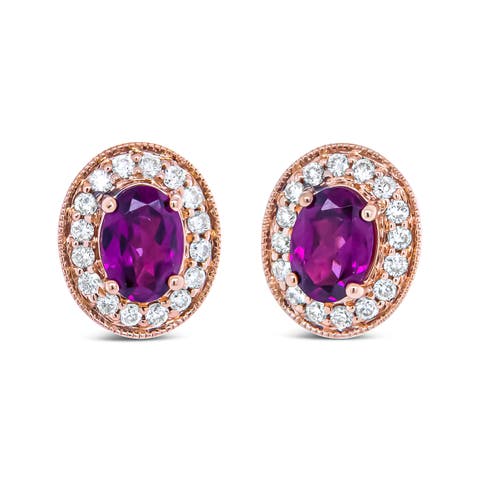 14K Rose Gold Garnet and 3/8 Cttw Diamond Halo Stud Earrings