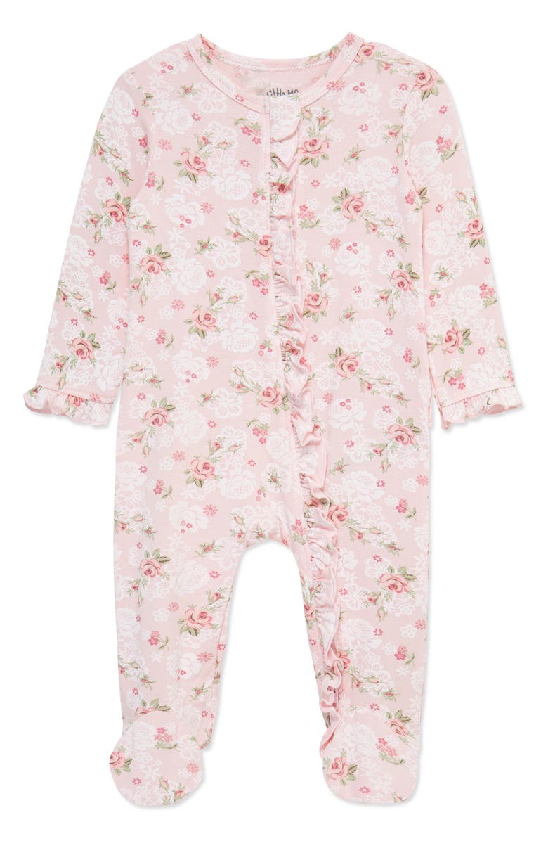 Little Me Floral Ruffle Stretch Viscose Footie, Main, color, Pink