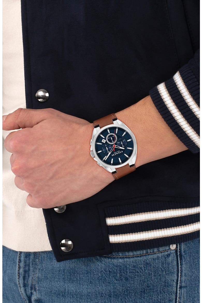Jackson Chronograph Leather Strap Watch, 44mm, Alternate, color, NAVY