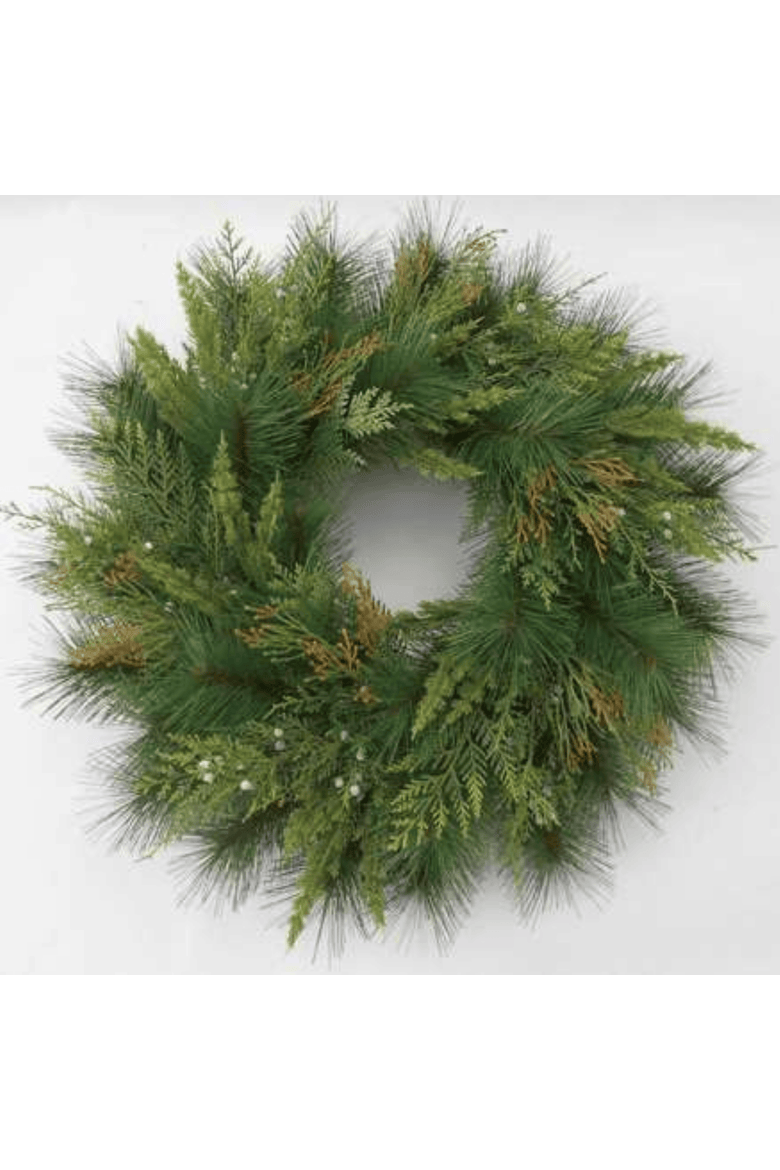 Sullivan's Christmas Mixed Pine Wreath, Green Faux Floral Decor for Crafting, Weddings, Home and Holiday Decoration, 24 Inch, Main, color, Green