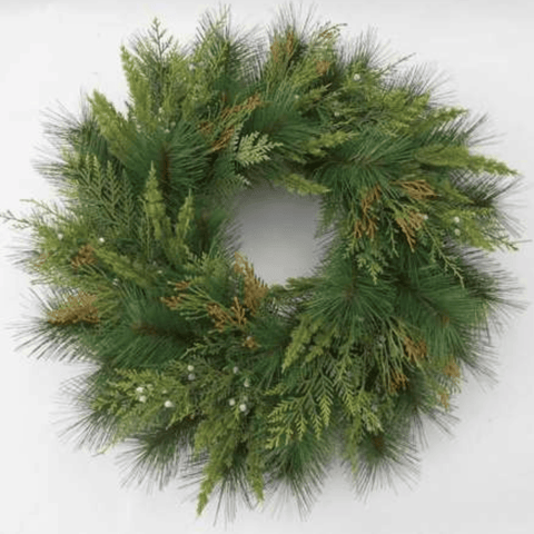Sullivan's Christmas Mixed Pine Wreath, Green Faux Floral Decor for Crafting, Weddings, Home and Holiday Decoration, 24 Inch