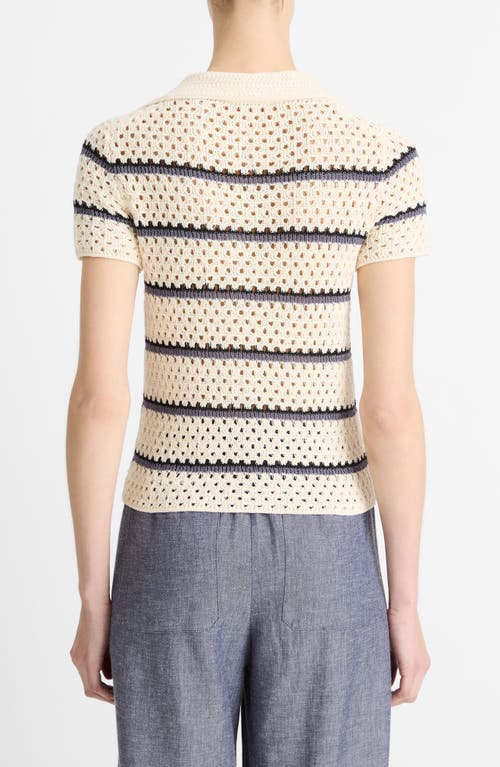 Vince Open Stitch Cotton Johnny Collar Sweater In Off White Combo