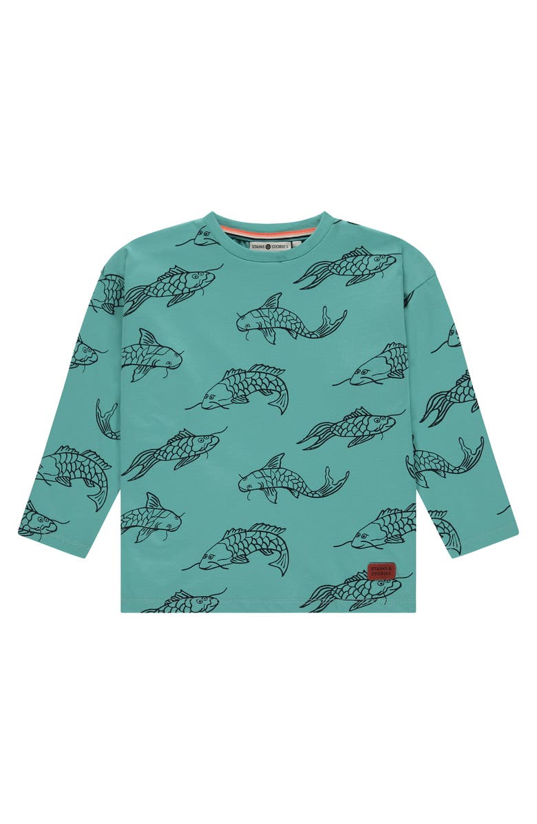 Stains and Stories by Babyface Koi Print Long Sleeve T-Shirt, Main, color, Turquoise