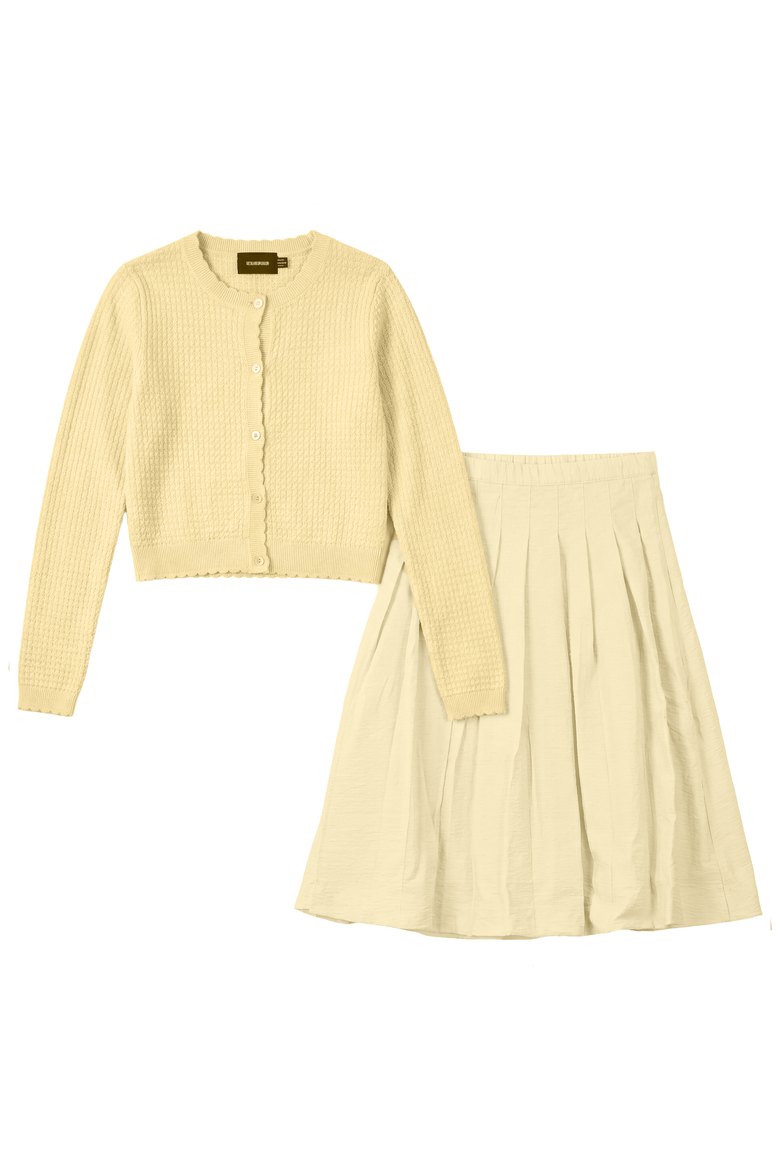 Pattern Knit Cardigan Pearl Button Pleated Skirt 2-Piece Set, Main, color, Butter