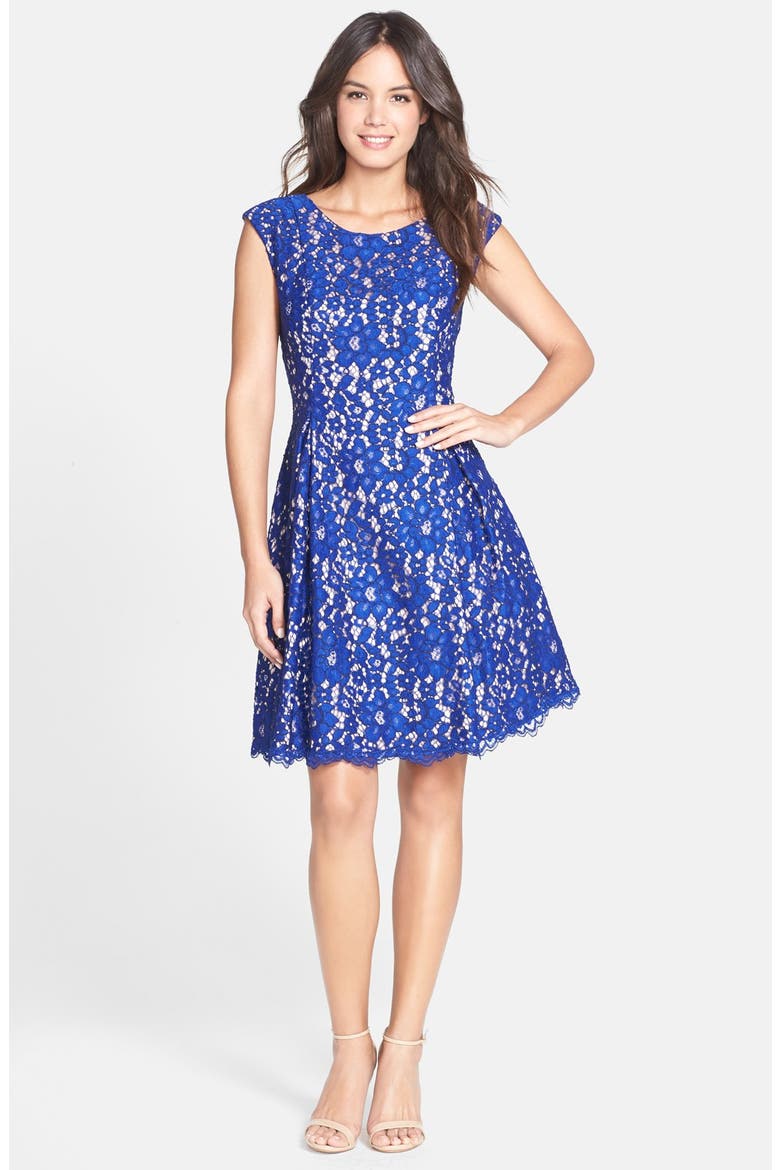 Lace Fit & Flare Dress, Alternate, color, BLUE