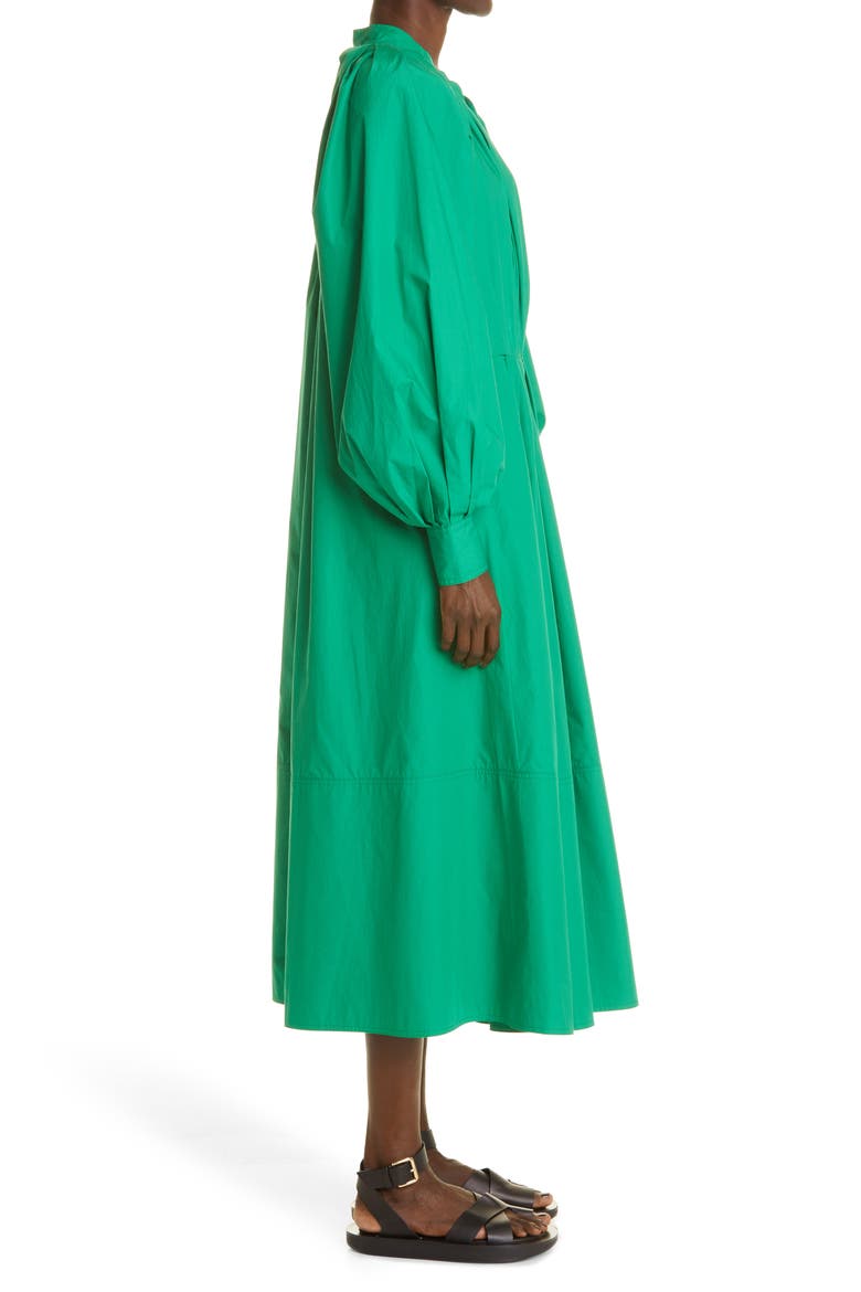 Pleated Long Sleeve Organic Cotton Poplin Midi Dress, Alternate, color, GREEN