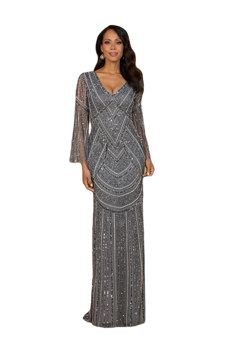 LARA New York Long Sleeve Beaded Gown, Alternate, color, Grey