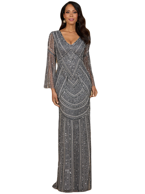 Lara New York Long Sleeve Beaded Gown In Grey