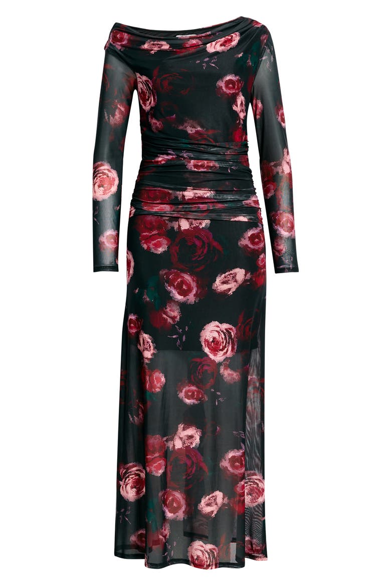 Mesh One-Shoulder Long Sleeve Maxi Dress, Alternate, color, BLACK- PINK LOIS FLORAL