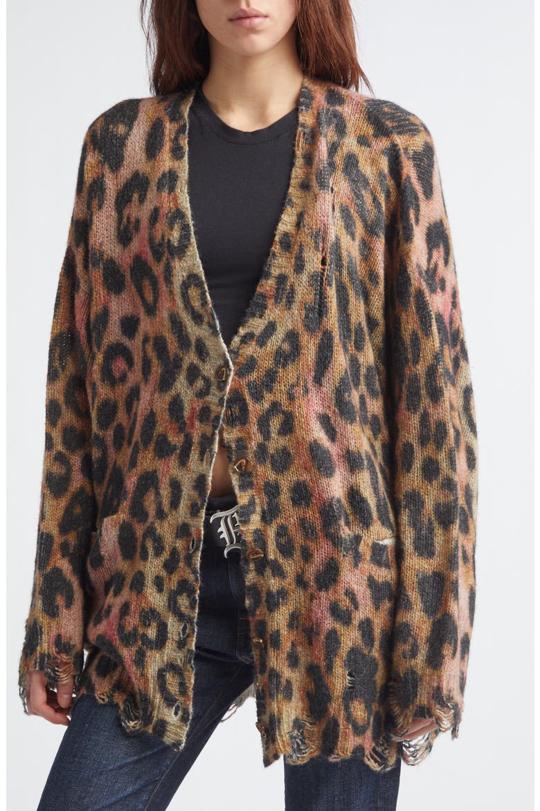 Oversize Distressed Leopard Print Cashmere Cardigan, Alternate, color, LIGHT BROWN PINK LEOPARD
