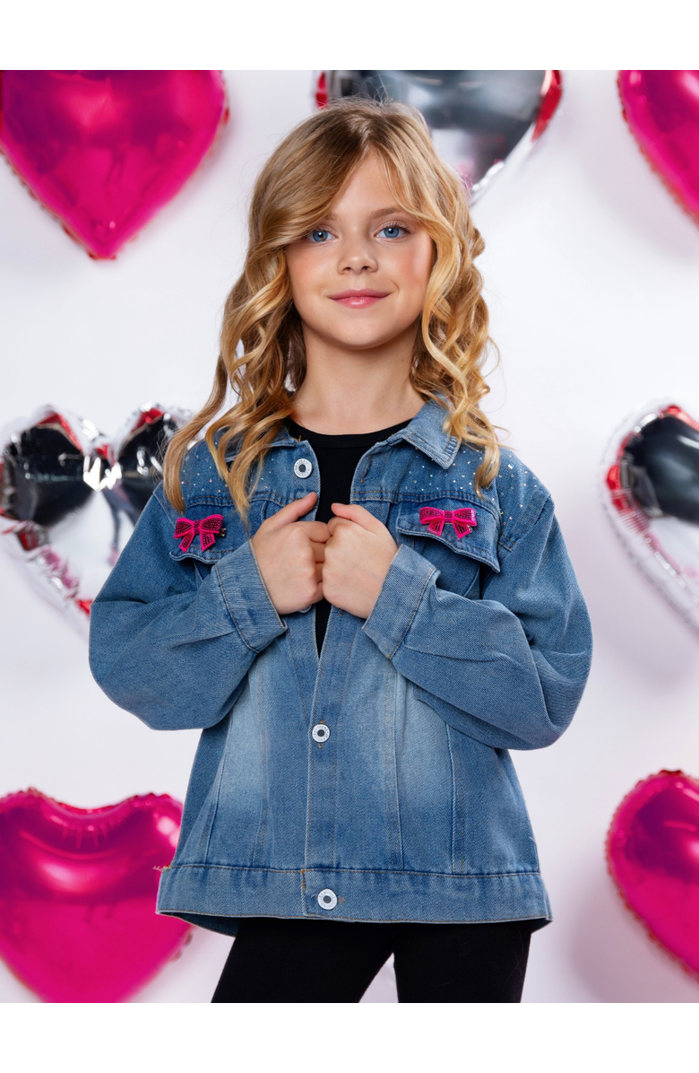 Mia Belle Girls Ellaria Sequin Bow Denim Jacket, Alternate, color, Blue