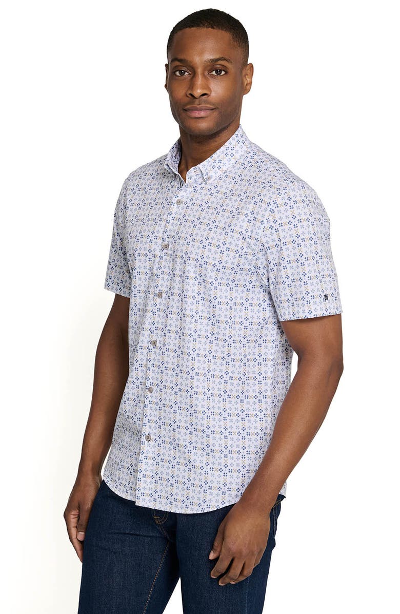 Brooklyn Brigade Park Slope Petals Short Sleeve Button Down Performance Shirt, Alternate, color, White/Blue