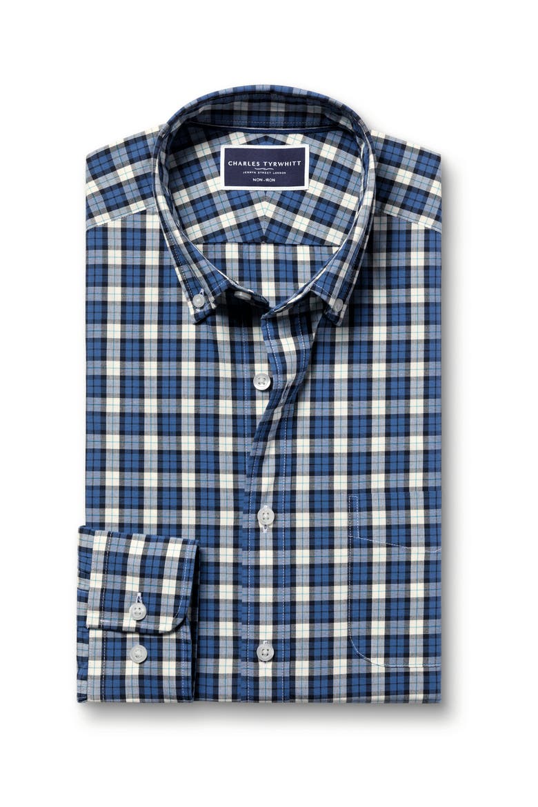 Slim Fit Plaid Check Non-Iron Stretch Poplin Shirt, Alternate, color, Ocean Blue