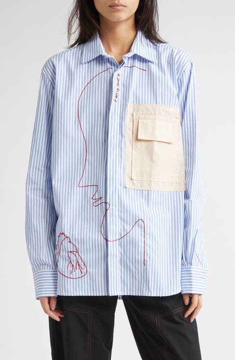 I Left My Heart Hand-Embroidered Stripe Button-Up Shirt