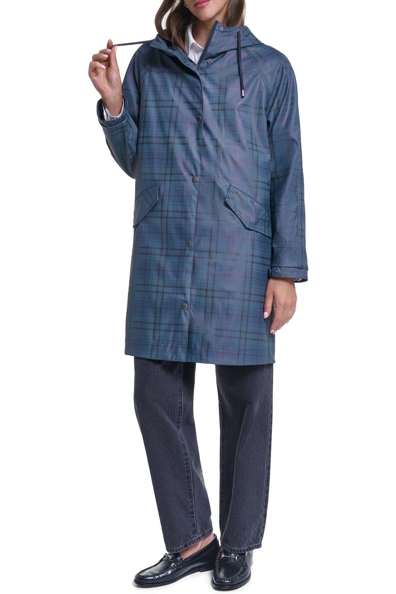 Water Resistant Hooded Long Rain Jacket, Main, color, REMY PLAID